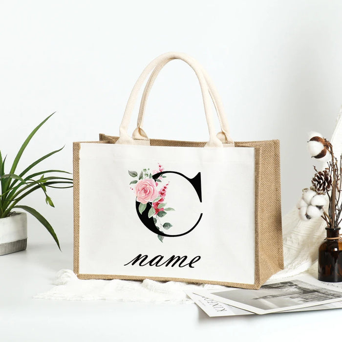 Personalized Name Burlap Tote Shopper Bridesmaid Large Jute Gift Bag Linen