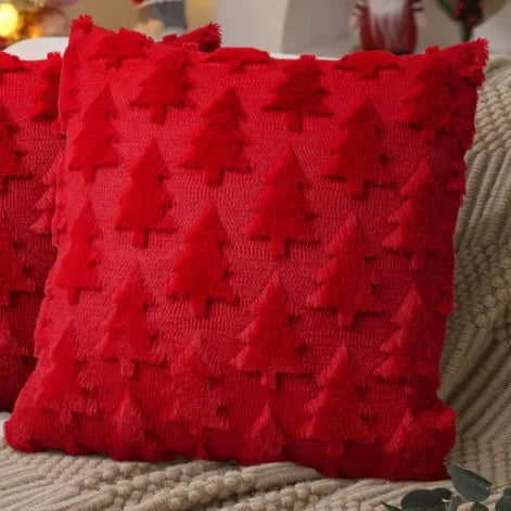 Red cushion covers with large raised trees