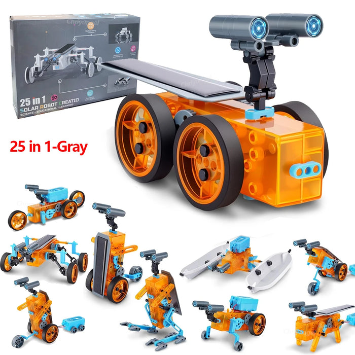 25-in-1 grey and orange solar robot kit with model examples