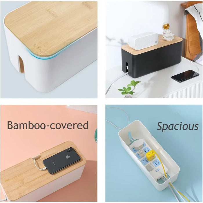 Cable Management Box, Bamboo Cover Wire Junction Board Storage Box, Hide Wires & Power Strips, Desk Computer Cable Organizer Box