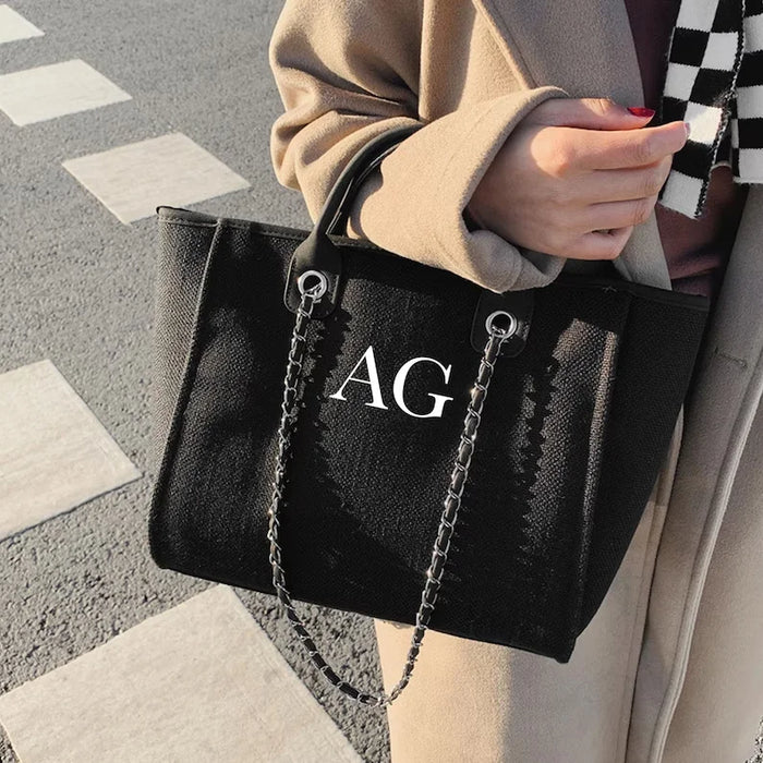 Personalised Chain Monogram Canvas Tote Bag Shoulder Bag