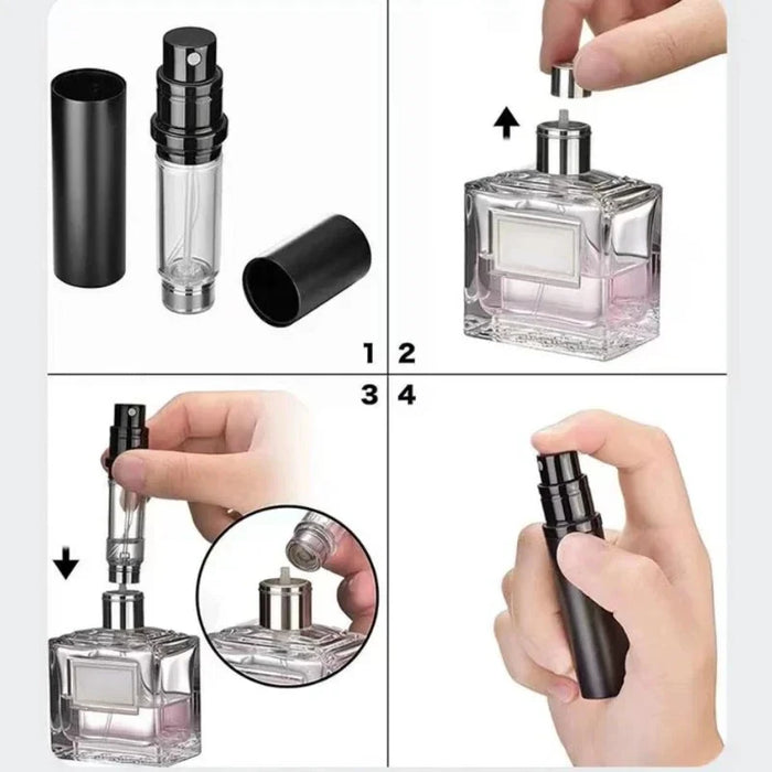 Four steps to fill the atomizer from a perfume bottle