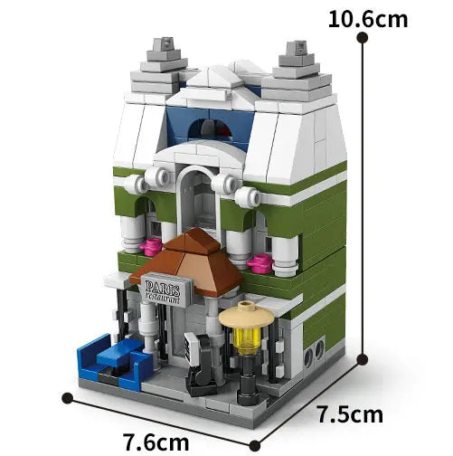 Green and white café building block model, 10.6 cm tall