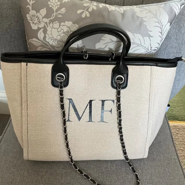 Personalised Chain Monogram Canvas Tote Bag Shoulder Bag