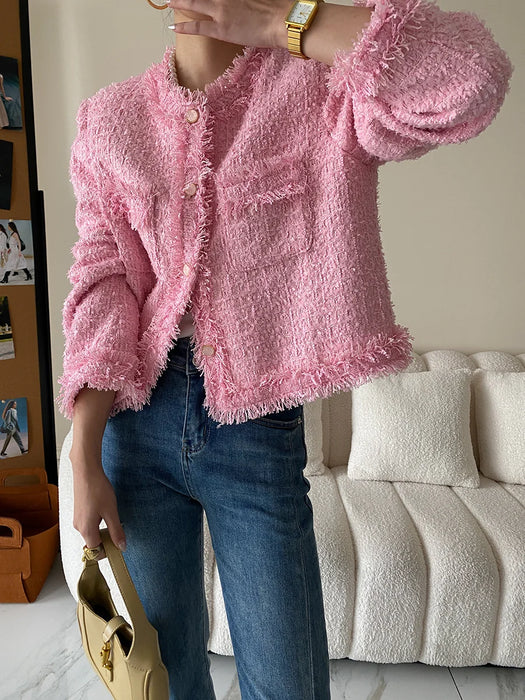 Pink Fringe Fur Shoulder Pad Tweed Jacket Blazer Boucle Crop Coat