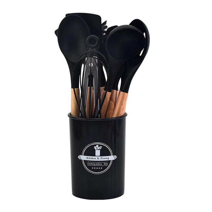 High Temperature Resistant Silicone Kitchenware with Wooden Handle12Set of Cooking Ladel Cream Scraper Tongs Egg Beater