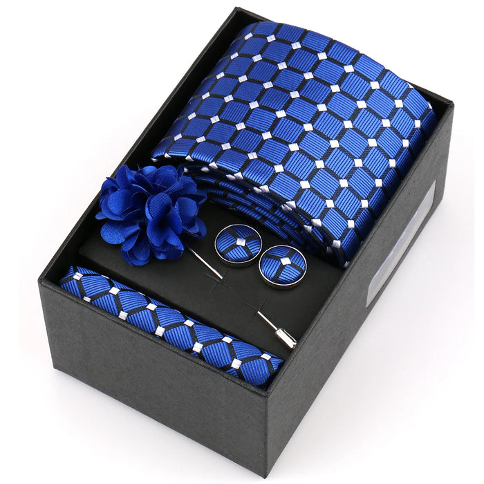 Men's tie gift set, style BBJ-17: tie, pocket square, cufflinks and pins in a gift box