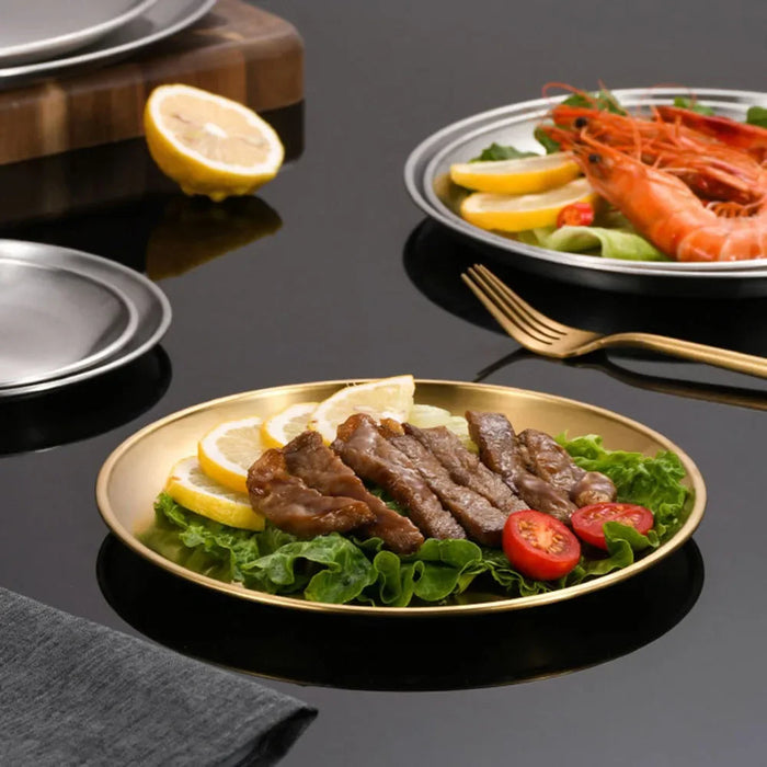 2Pcs Stainless Steels Round Silver Shallow Tray Plate Rust-Proof 14/17/20/23/26/30cm Camping Plate BBQ Picnic Dishes Cookware