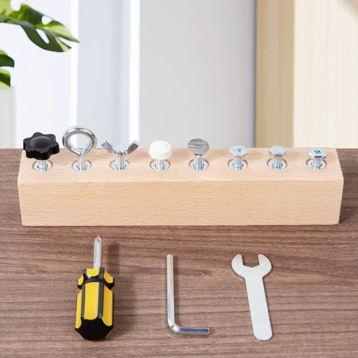 Long wooden screw board with 8 fasteners and three tools, NB210C2 option