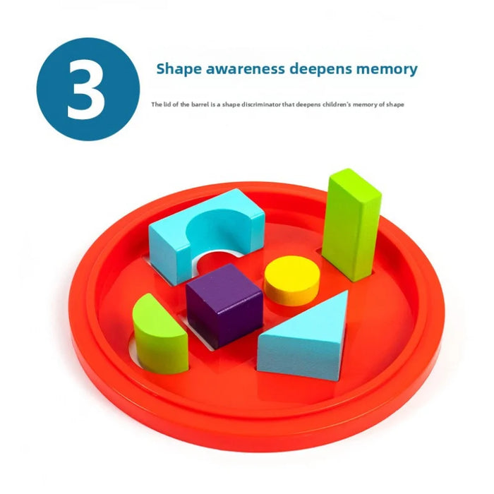 Coloured wooden block shapes on a red tray