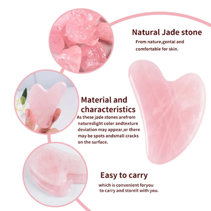 Close-ups of a pink heart-shaped gua sha tool