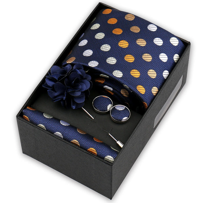 Men's tie gift set, style BBJ-49: tie, pocket square, cufflinks and pins in a gift box