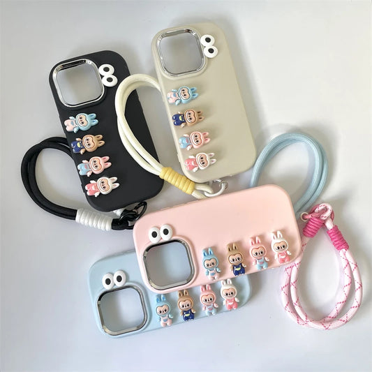 3D labubu Cartoon Phone Case For iPhone 16 15 14 13  Plus Pro Max With Wrist Strap Cute Eyes Soft Cover