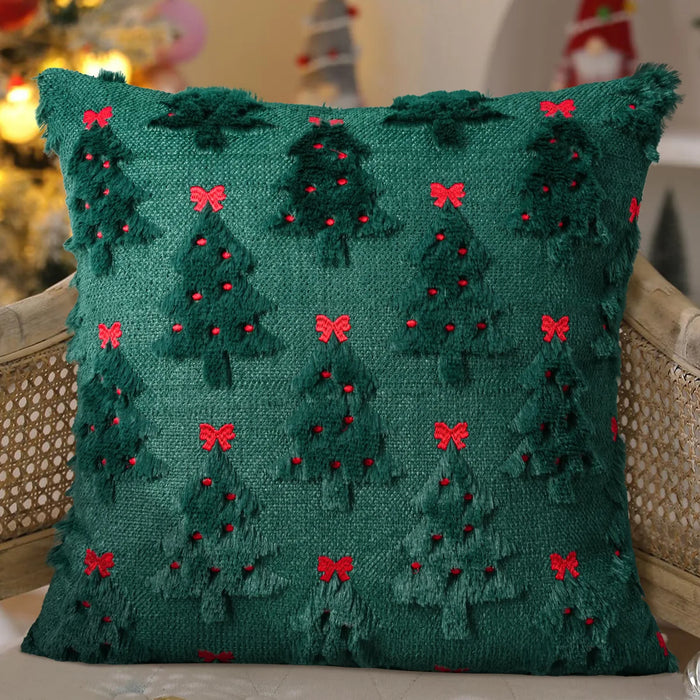 Green Christmas tree cushion cover with red bows