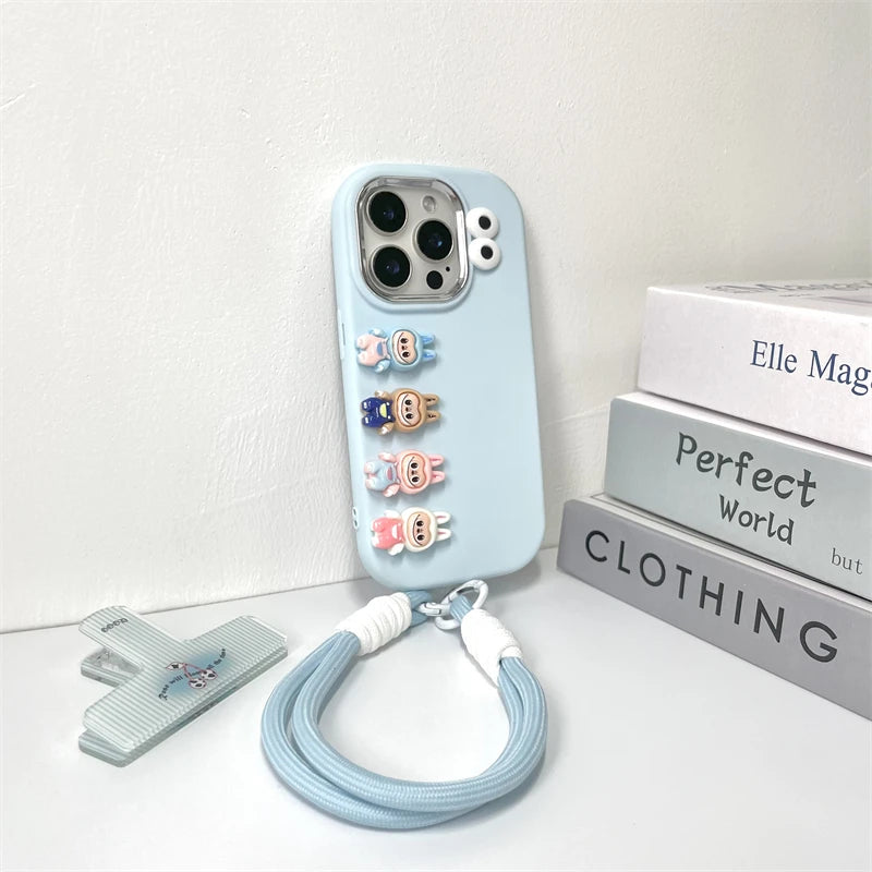 3D labubu Cartoon Phone Case For iPhone 16 15 14 13  Plus Pro Max With Wrist Strap Cute Eyes Soft Cover