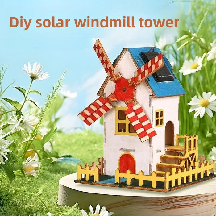 Painted solar windmill tower model in a garden