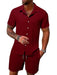 Man in a wine red short sleeve shirt and shorts set