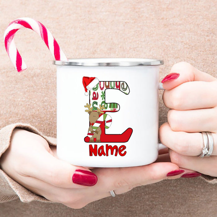Personlized Reindeer Initial with Name Enamel Cups Christmas Hot Chocolate Mug