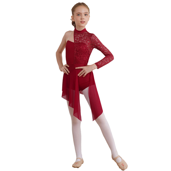 Kids Girl One Shoulder Lyrical Modern Dance Dress Lace Asymmetric Split Ballet Gymnastics Figure Skating Leotard Dress Dancewear