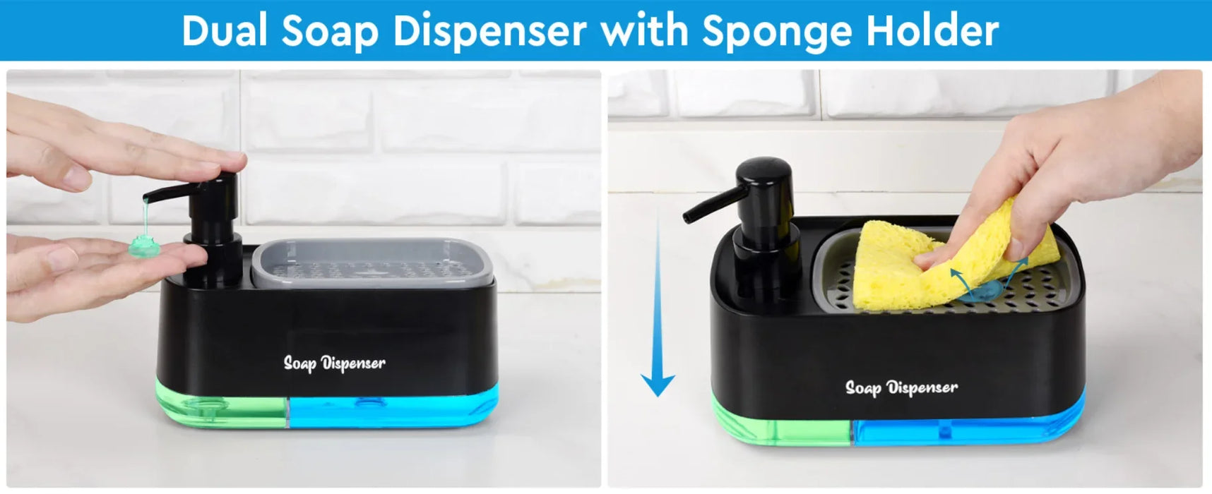 Hand and Dish Soap Dispenser Dual Soap Dispenser with Sponge Holder 3-in-1 Countertop Soap Pump Dispenser for Kitchen Sink