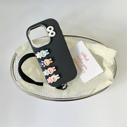3D labubu Cartoon Phone Case For iPhone 16 15 14 13  Plus Pro Max With Wrist Strap Cute Eyes Soft Cover