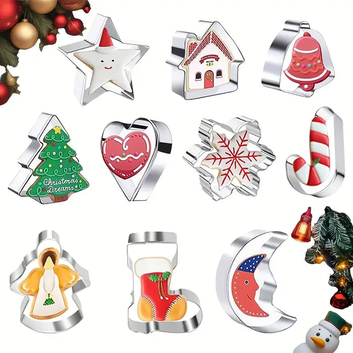 Ten Christmas cookie cutters with decorated cookies: star, house, bell, tree, heart, snowflake, candy cane, angel, stocking and moon