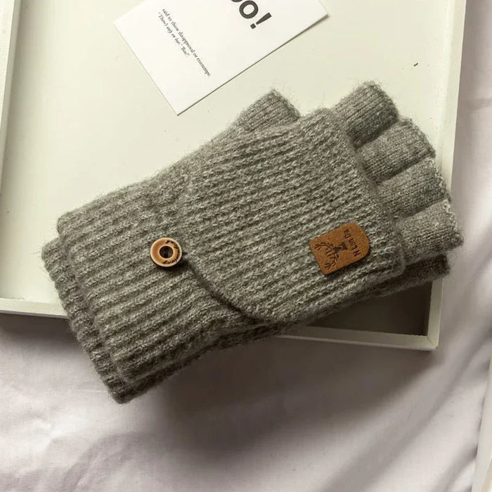 Light grey fingerless knit gloves with a mitten flap