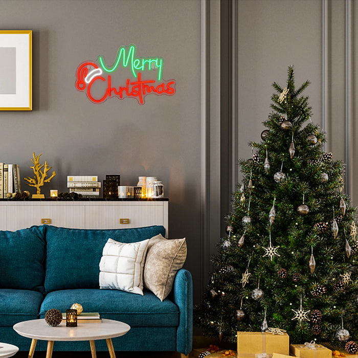Merry Christmas Neon Sign Christmas Hat Dimmable LED Sign