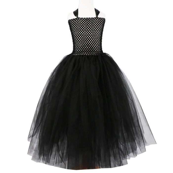 2026 New Halloween Costume Tulle Dress for Girls Cosplay Evil Queen Black Mesh Princess Dress Kids Clothes