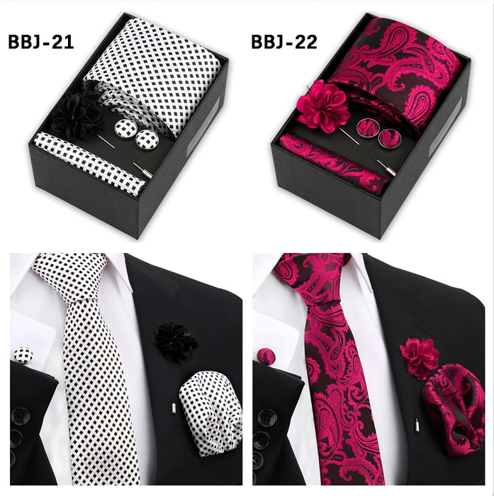 Four men's tie gift sets in assorted patterns with style codes
