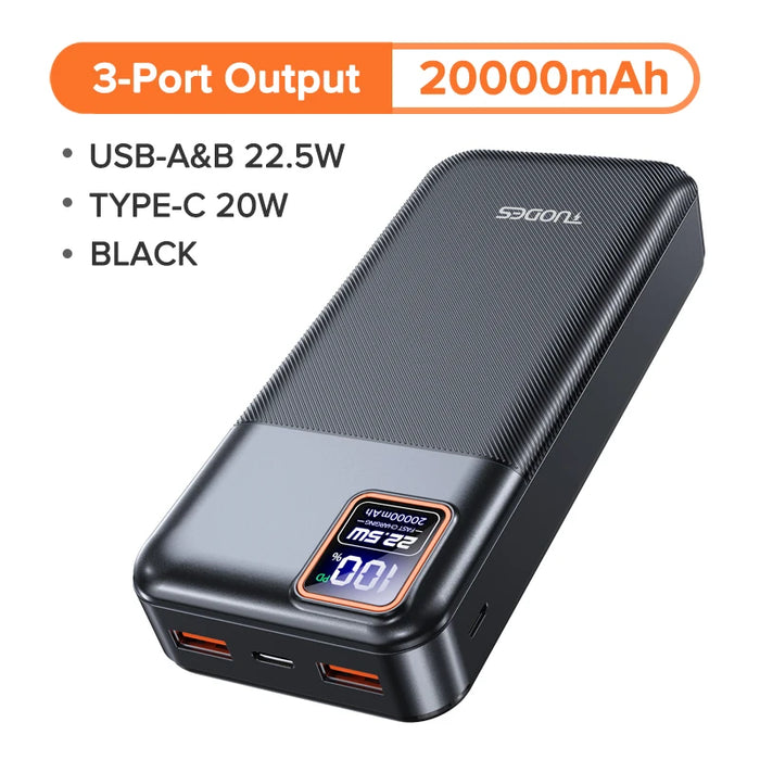 Tuodes Power Bank 20000mAh PD20W External Large Battery Capacity 22.5W Fast Charging Portable Charger For iPhone Samsung Xiaomi