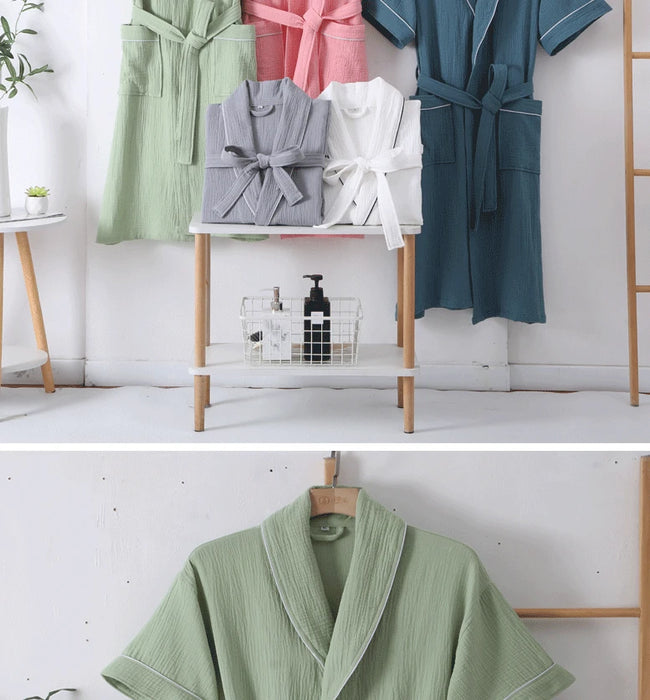100% Cotton Double Layer Gauze Robes Women&Men Summer Thin Short Sleeves Bathrobe Nightgown Home Service Solid Hotel Bathrobe