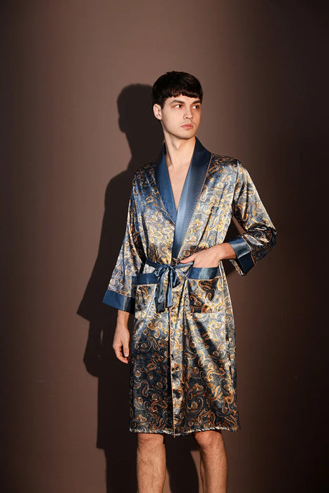 High Quality Nightrobes Men Summer Thin Bathrobe Large Size Ice Silk Printed Pajamas One-piece Robe Male Loungewear Gents Spring