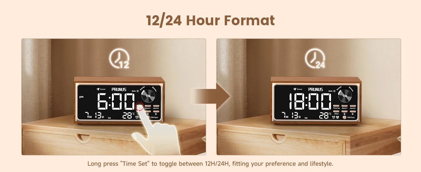 Retro Vintage Dual Alarm Clock Radio FM 15W Fast Wireless Charging LED Display Dimmer Control Auto-Dimming Retro Clock Bedroom