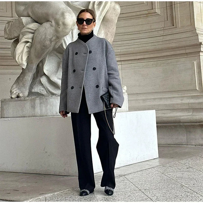 Retro Loose Casual Woolen Coats Double Breasted Stand Collar Short Jacket