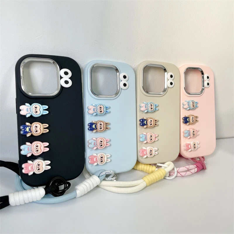 3D labubu Cartoon Phone Case For iPhone 16 15 14 13  Plus Pro Max With Wrist Strap Cute Eyes Soft Cover