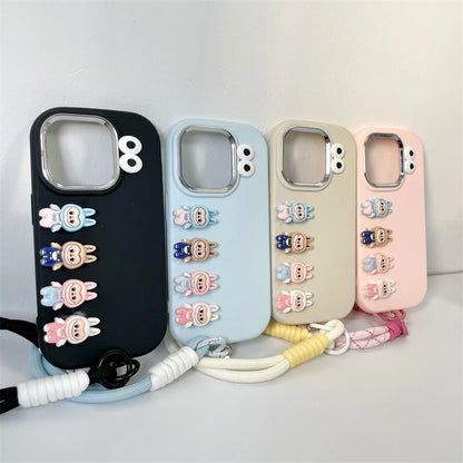 3D labubu Cartoon Phone Case For iPhone 16 15 14 13  Plus Pro Max With Wrist Strap Cute Eyes Soft Cover