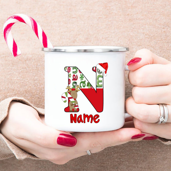 Personlized Reindeer Initial with Name Enamel Cups Christmas Hot Chocolate Mug