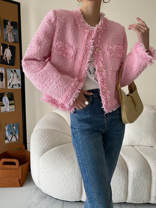 Pink Fringe Fur Shoulder Pad Tweed Jacket Blazer Boucle Crop Coat