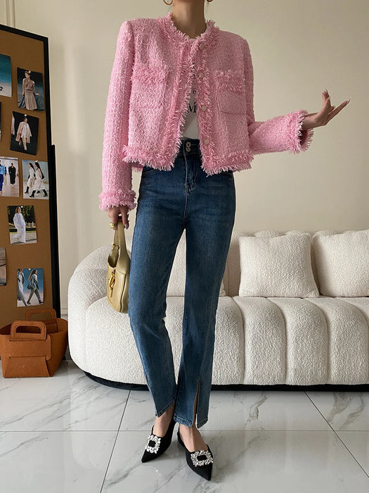 Pink Fringe Fur Shoulder Pad Tweed Jacket Blazer Boucle Crop Coat