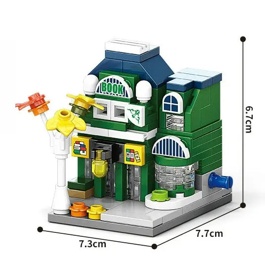 Green bookshop building block model, 6.7 cm tall