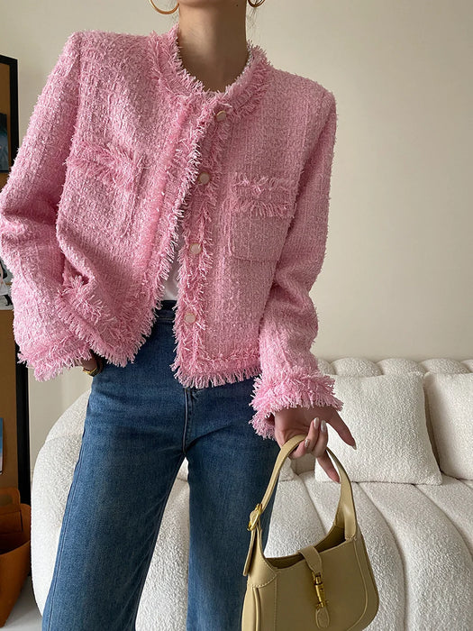 Pink Fringe Fur Shoulder Pad Tweed Jacket Blazer Boucle Crop Coat