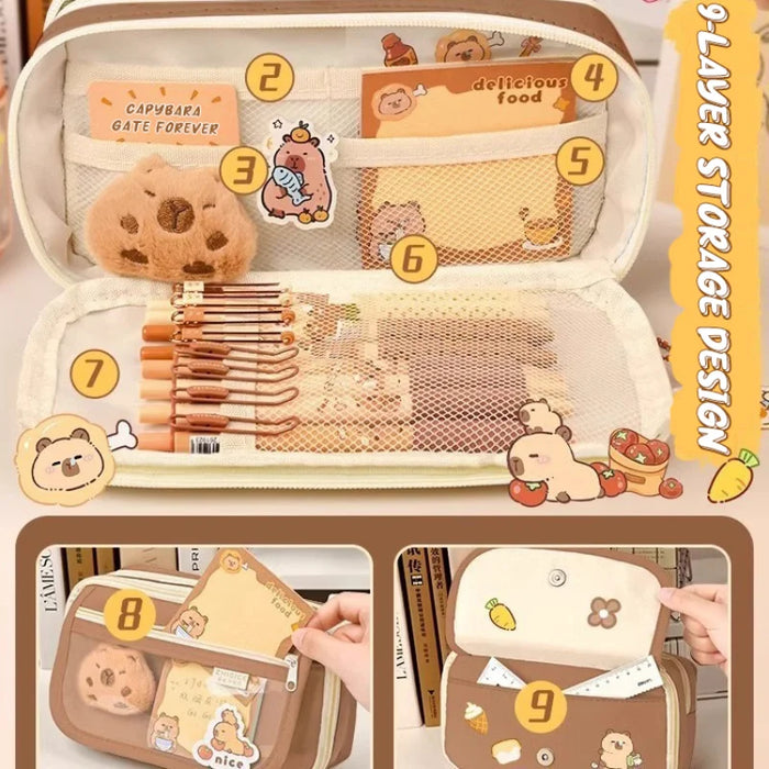Capybara 9-layer large capacity pencil case, large capacity pencil case flip cover stationery pencil case stationery storage bag