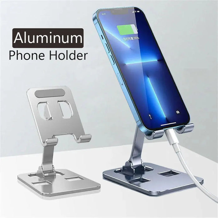 Silver and grey phone stands, one holding a charging phone