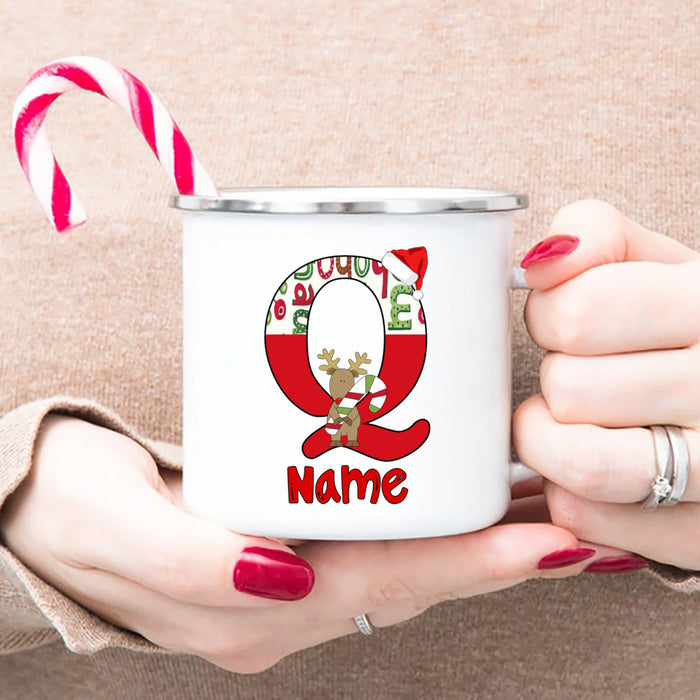 Personlized Reindeer Initial with Name Enamel Cups Christmas Hot Chocolate Mug