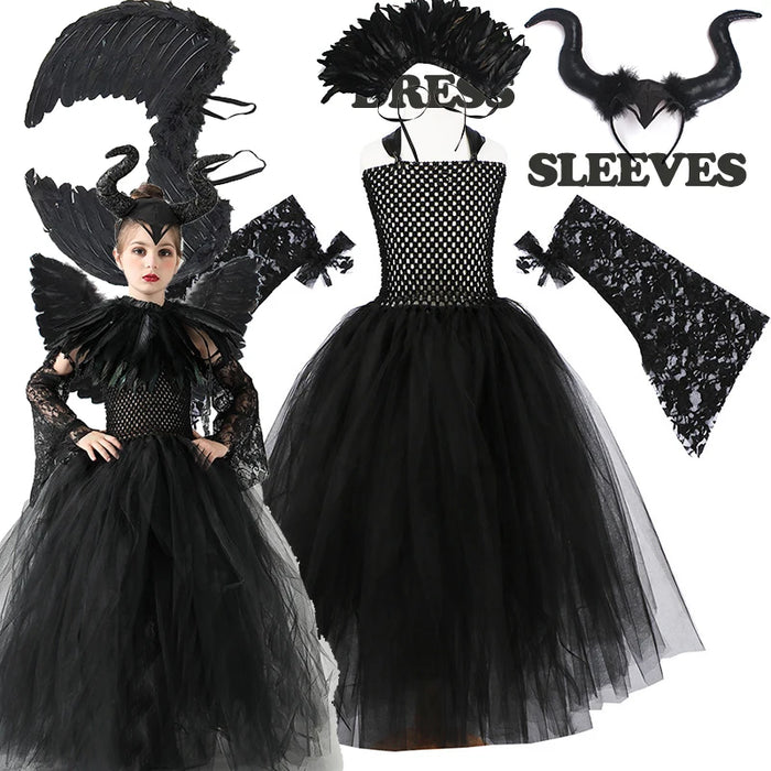 2026 New Halloween Costume Tulle Dress for Girls Cosplay Evil Queen Black Mesh Princess Dress Kids Clothes