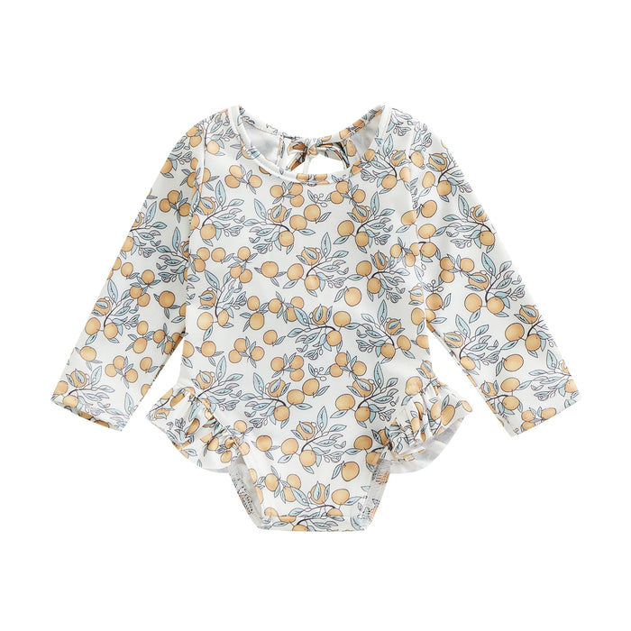 Kids Baby Girl Summer Swimwear Floral Print Backless Ruffles Long Sleeve Bodysuit Bathing Suit Girls Beachwear 0-4 Years