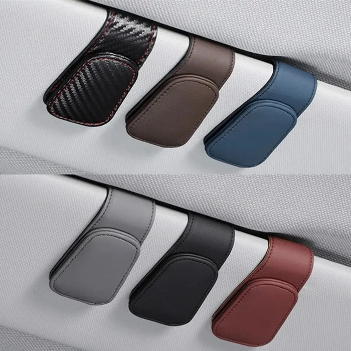 Six car visor sunglasses holders in carbon black, brown, blue, grey, black and red