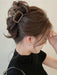 Brown square claw clip holding a low twist in dark hair