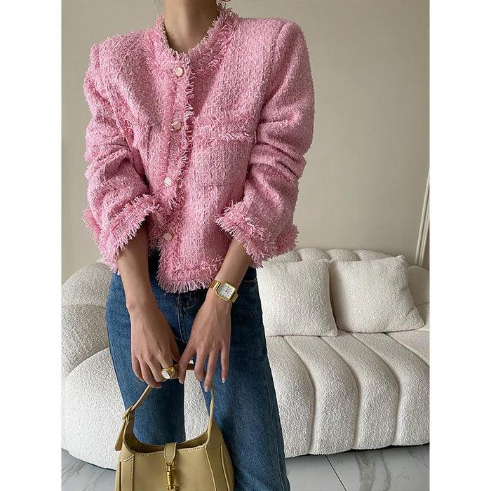 Pink Fringe Fur Shoulder Pad Tweed Jacket Blazer Boucle Crop Coat
